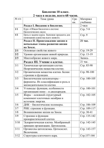 Биология 10 класс. 2 часа в неделю, всего 68 часов.  Тема урока