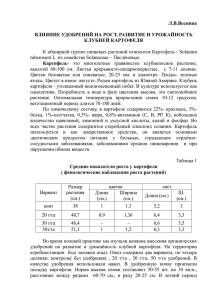 Л.В.Веснина ВЛИЯНИЕ УДОБРЕНИЙ НА РОСТ, РАЗВИТИЕ И УРОЖАЙНОСТЬ КЛУБНЕЙ КАРТОФЕЛЯ Картофель