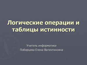 Логические операции и таблицы истинности Учитель информатики Поборцева Елена Валентиновна