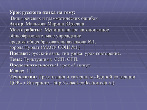 Урок русского языка на тему: Автор: Место работы Виды речевых и грамматических ошибок.