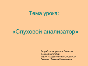 «Слуховой анализатор» Тема урока: Разработала: учитель биологии высшей категории