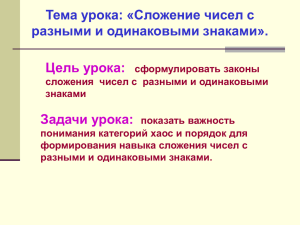 Цель урока: Задачи урока: Тема урока: «Сложение чисел с разными и одинаковыми знаками».