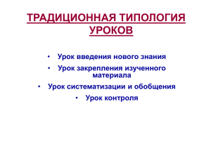 ТРАДИЦИОННАЯ ТИПОЛОГИЯ УРОКОВ Урок введения нового знания Урок закрепления изученного