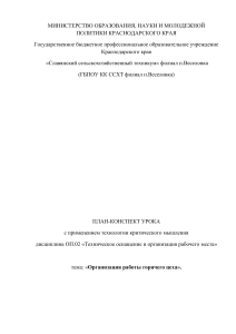 ПЛАН-КОНСПЕКТ УРОКА с применением технологии критического мышления  дисциплина ОП.02 «Техническое оснащение и организация рабочего места»  тема: «Организация работы горячего цеха».